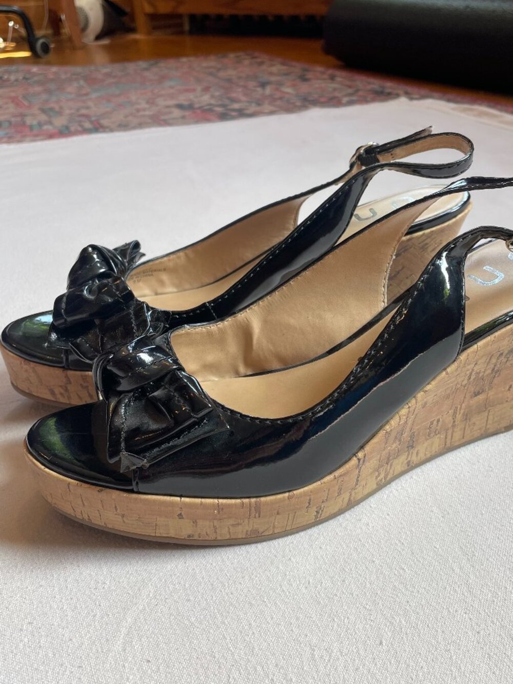 Black Patent Wedge Slingback Peep-Toe Sandals with Cork Platform